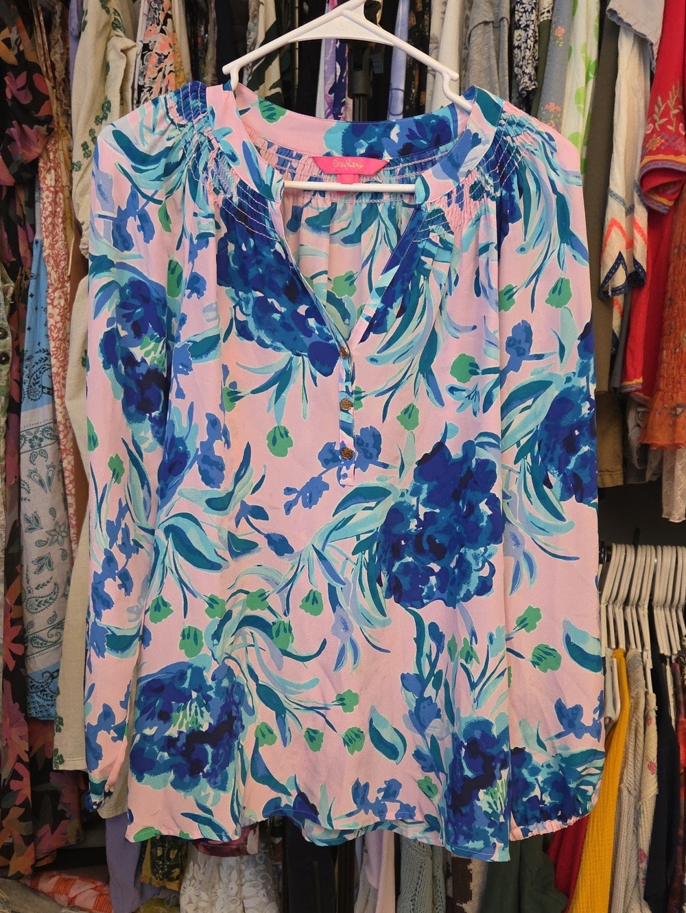 Lily Pulitzer 100%Silk Pink Tunic with Blue Floral Print